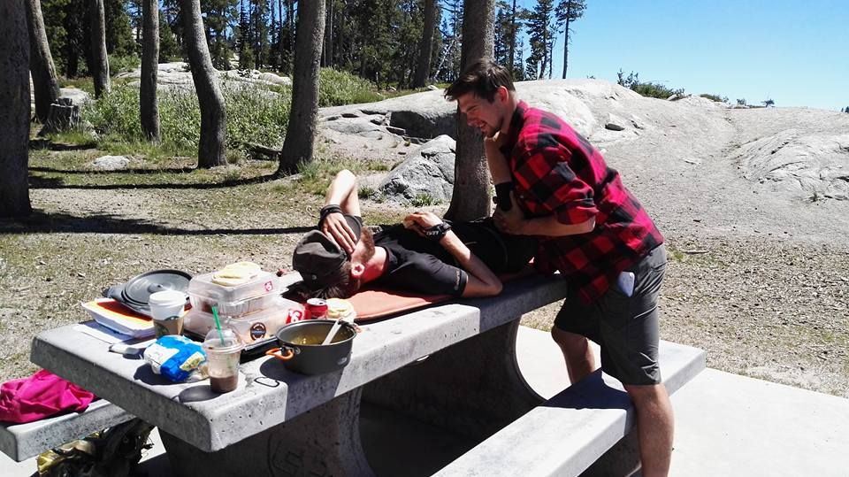 Sleeping pad, picnic table, some good ‪#‎physio‬ and an elite athlete. It is time for a break at the PCT for Karel